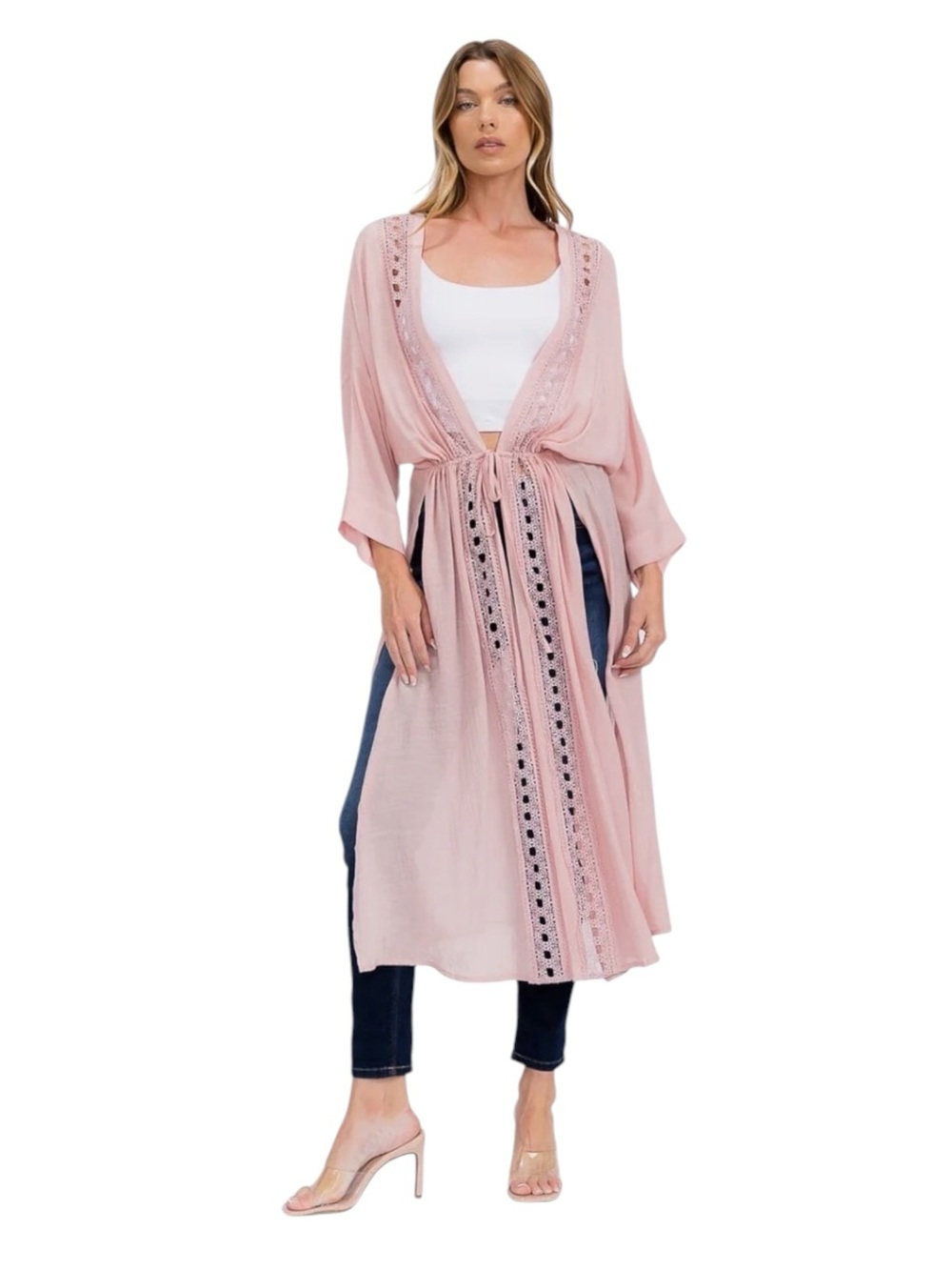 7111. Light Pink Boho Lace-Trim Duster Kimono